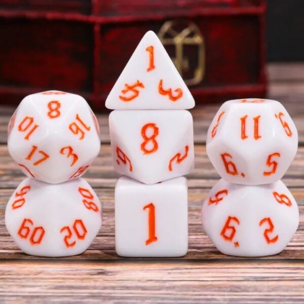 White Opaque(Orange font) dice set